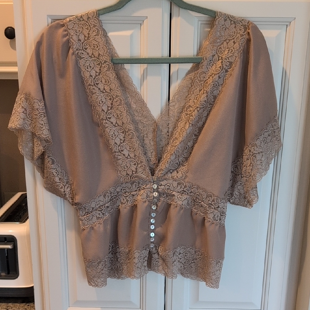 Forever 21 Brown Flutter Sleeve Asymmetrical Blouse